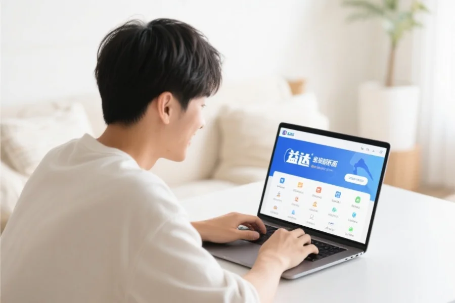 一位年轻用户在明亮舒适的室内环境中愉快地使用笔记本电脑,屏幕上展示极悦客户端新版界面